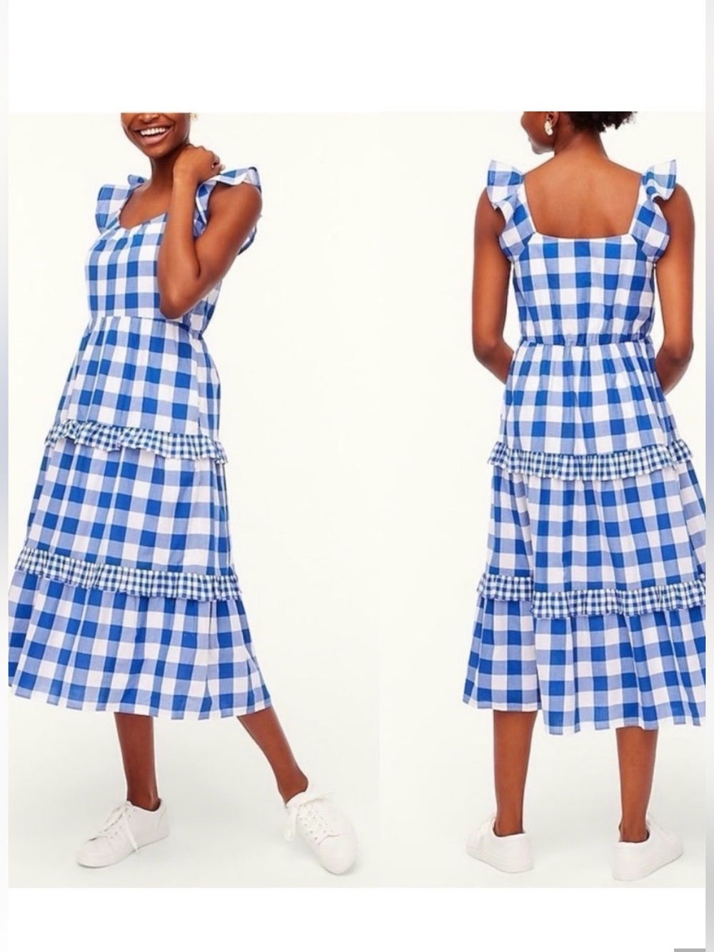 J. Crew Factory Blue & White Gingham Tiered Midi Dress